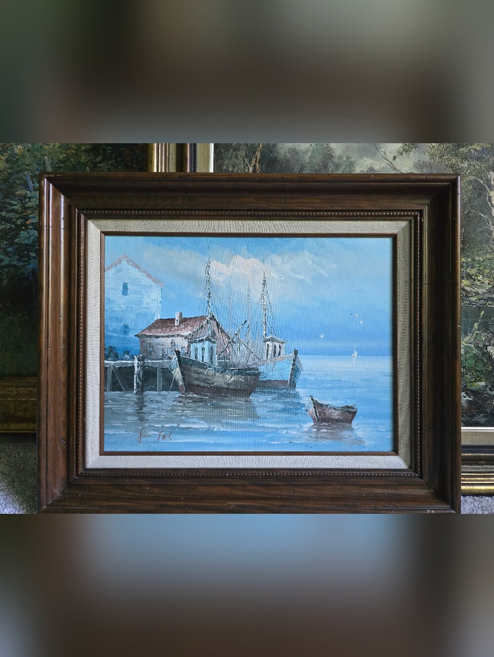 Vintage Nautical Seaside Fishing Boats Oil Painting Wall Art Wooden Frame